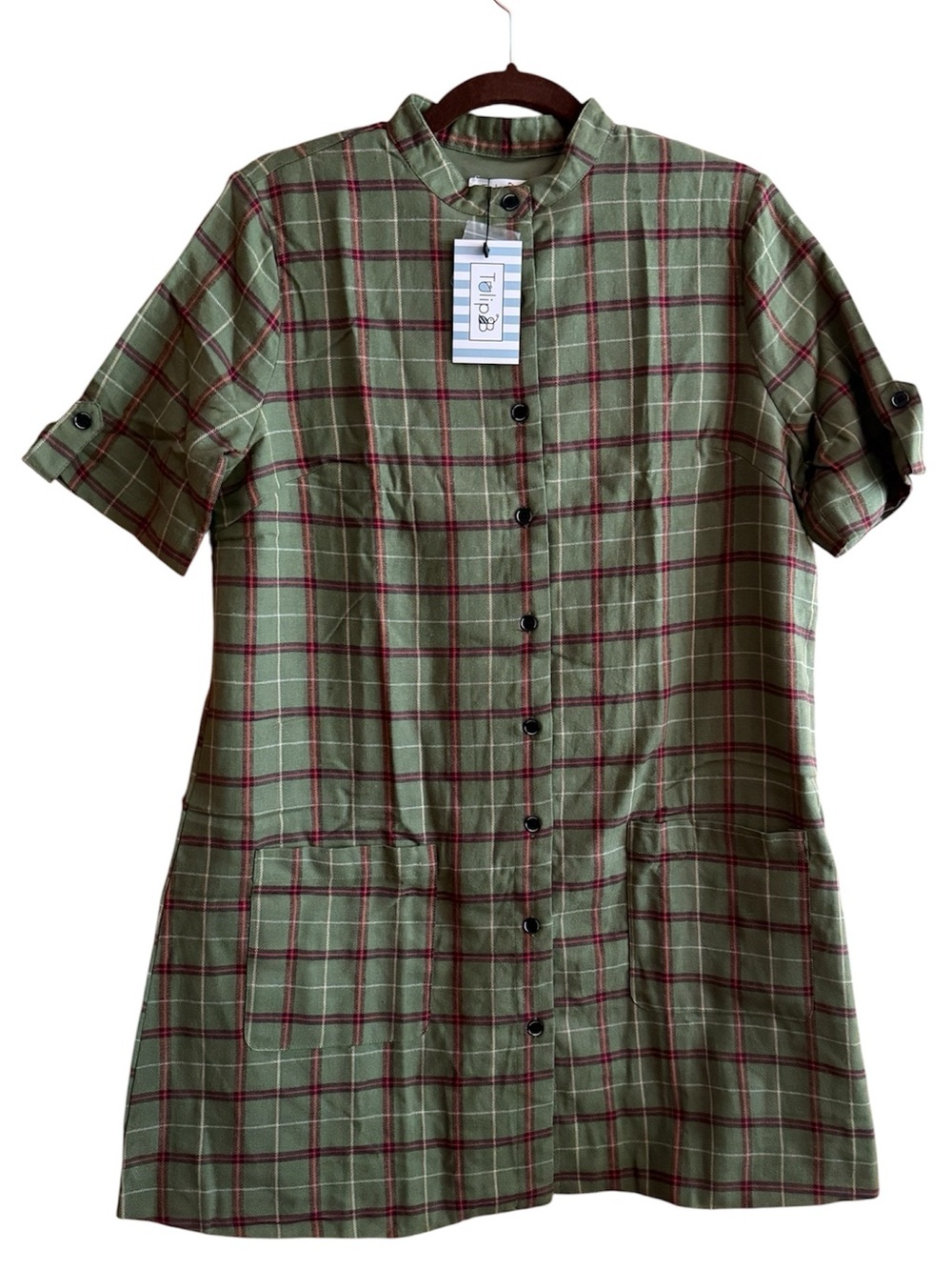Tulip B NWT Green Plaid Short-Sleeve Shirt Dress or Tunic Top Women’s Size Large